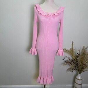 Wenrine Size M Pink Ruffle Ribbed Knit Midi Dress